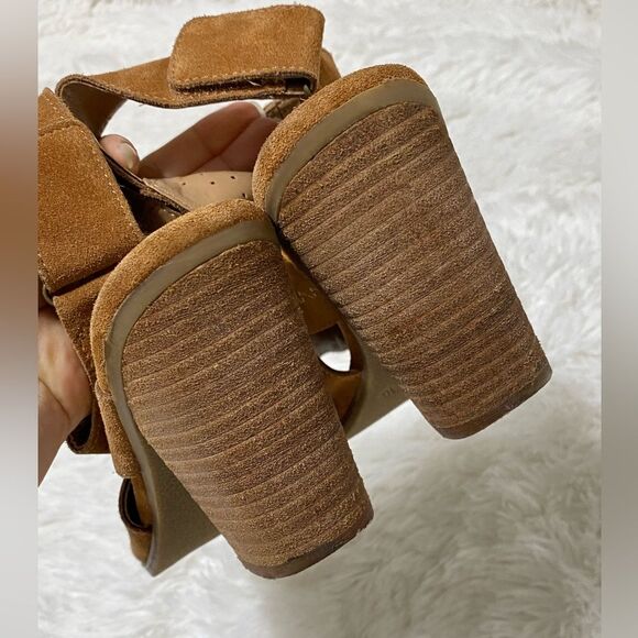 Franco Fortini Leather Booties Rhea Suede Block Heel Peep Toe Tan Shoes size 10 - Picture 11 of 14